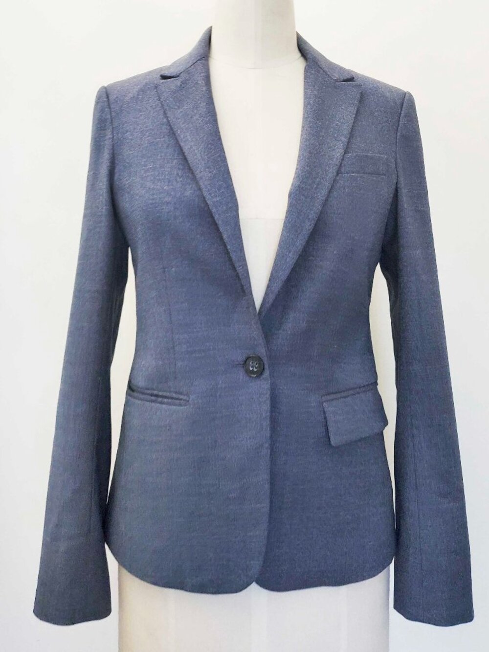 Theory Women's Single Button Gray Blue Heather Tailored Wool Blazer Jacket 4